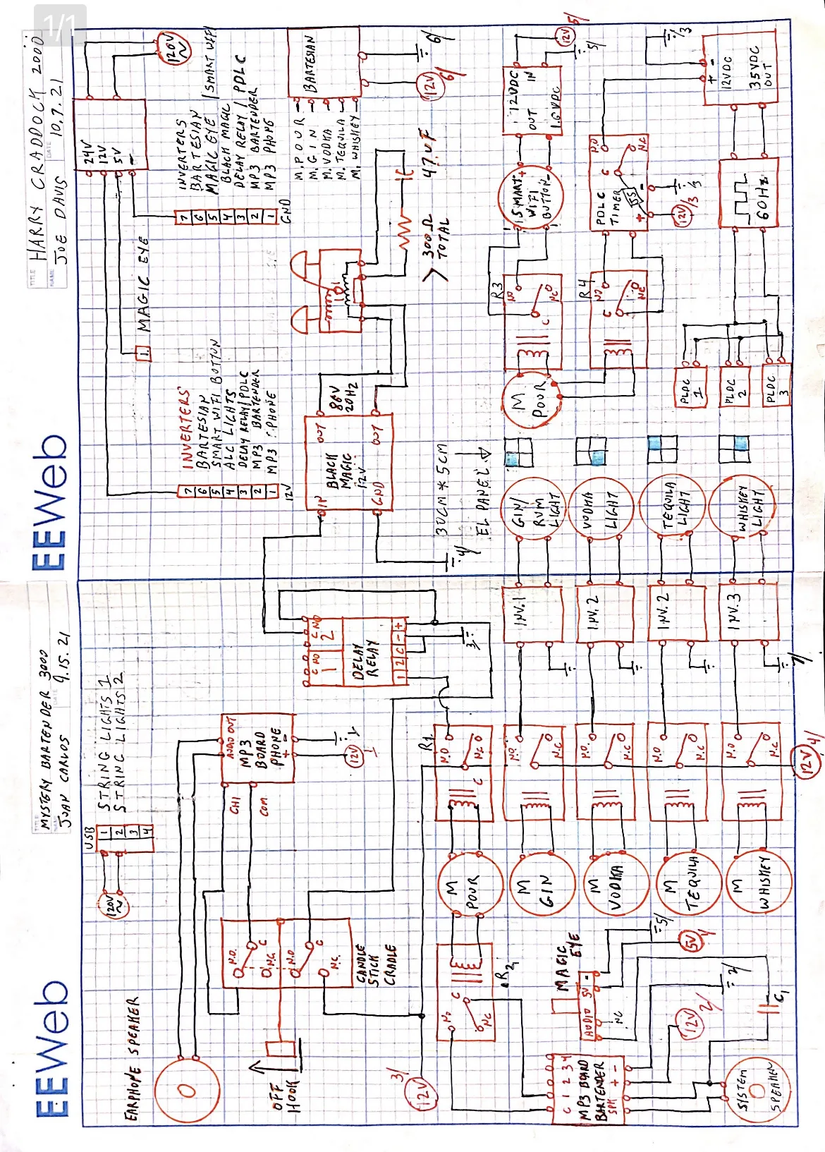 A hand-drawn wiring diagram on graph paper, titled Harry Craddock 3000, Joe Davis, 10-9-21